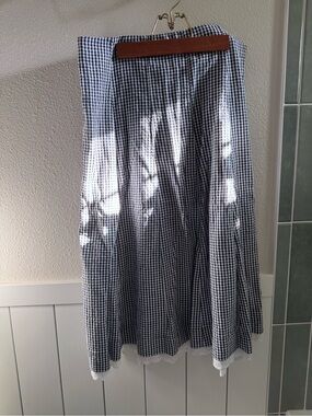 American Eagle Gingham Midi Skirt with Lace Trim - Navy/White